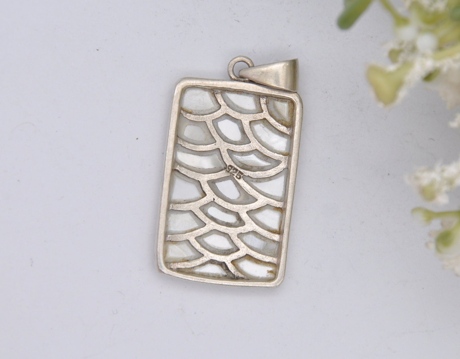 Vintage Sterling Silver Mother of Pearl Pendant - Fish Scales Pattern