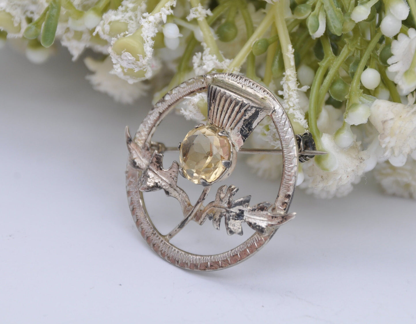 Vintage Ward Brothers Sterling Silver Scottish Thistle Brooch, 1956 - Citrine Colour Stone / Glasgow Hallmarks