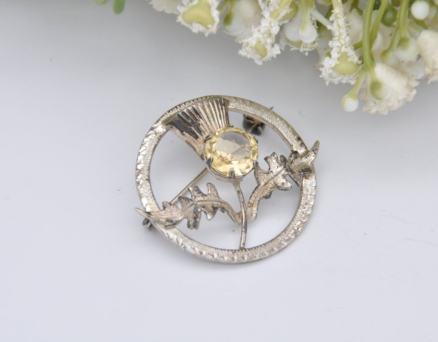 Vintage Ward Brothers Sterling Silver Scottish Thistle Brooch, 1956 - Citrine Colour Stone / Glasgow Hallmarks