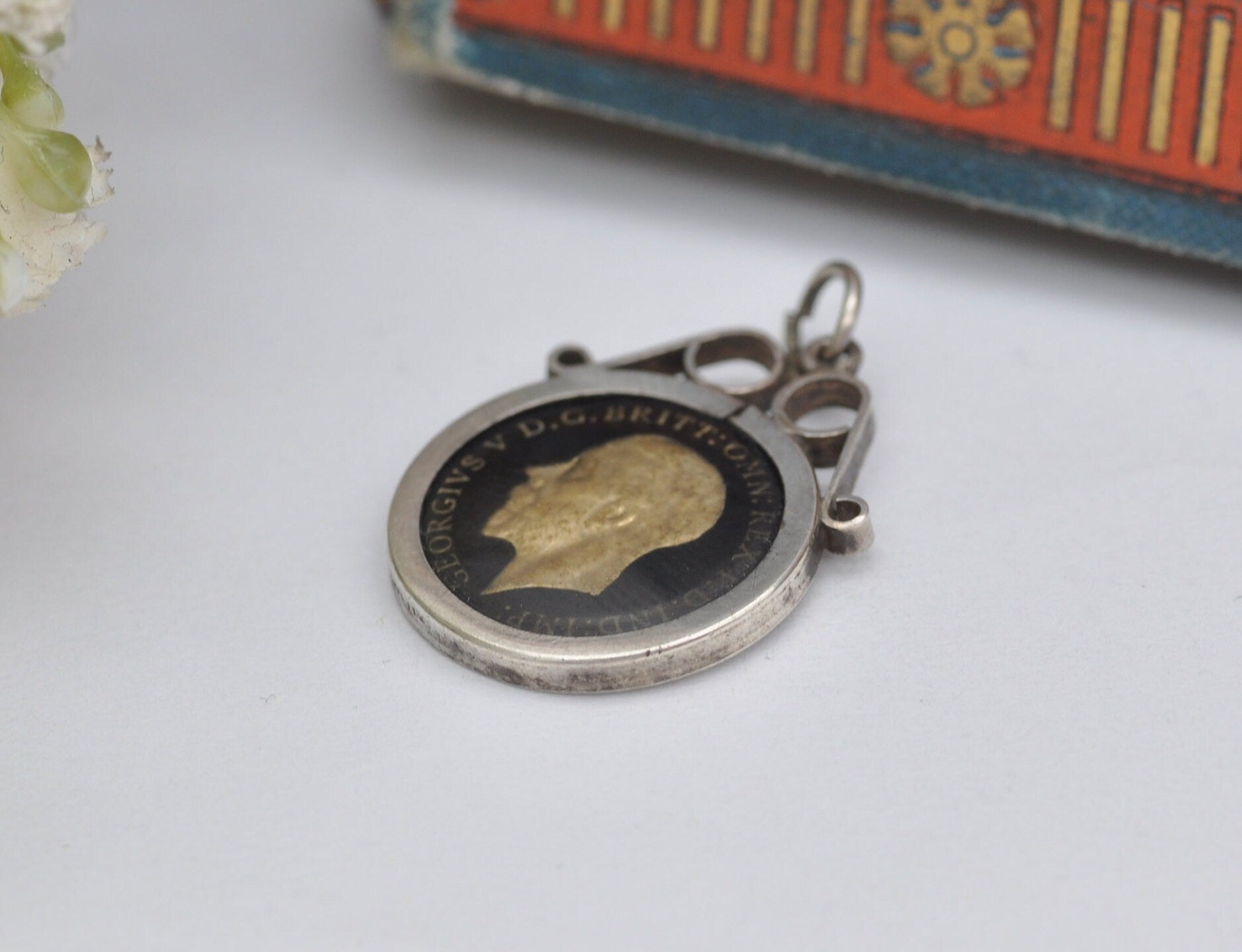 Vintage Silver George V Three Pence Coin Pendant, 1934 - Gold Plated Enamelled Coin