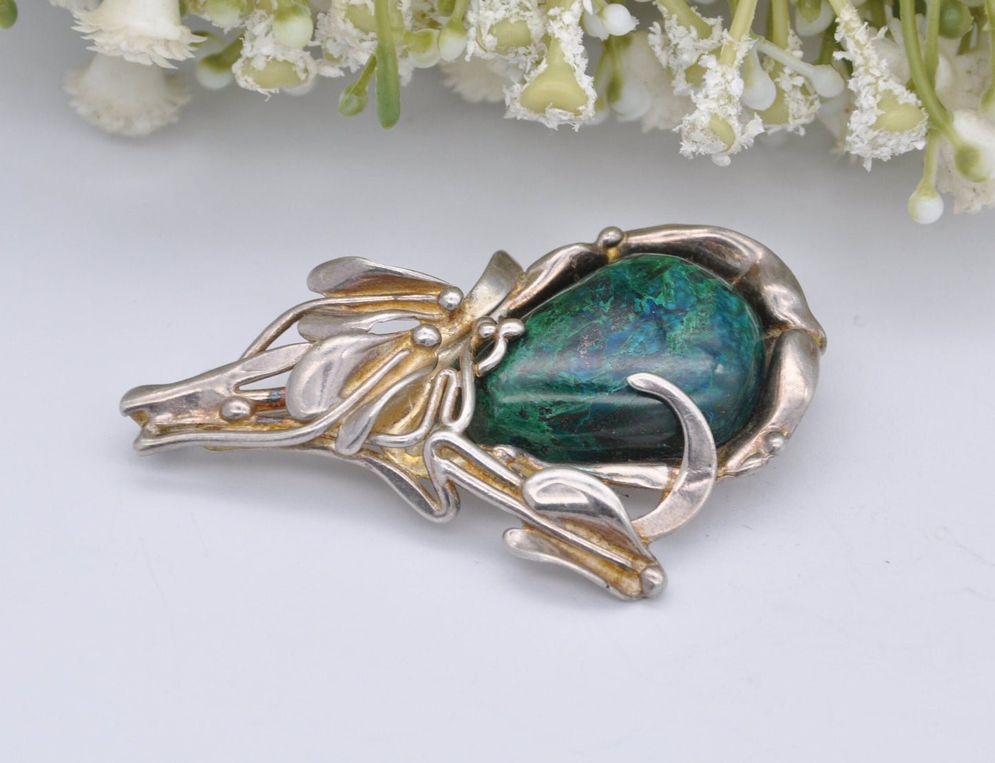 Vintage Sterling Silver Signed Flower Brooch 1992 - Art Nouveau Style / Blue Green Gemstone