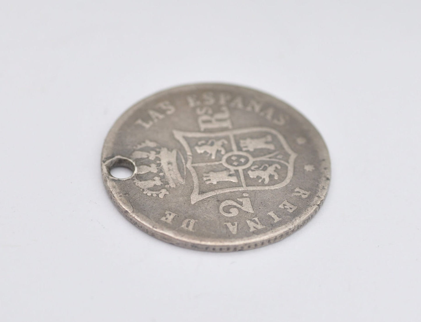 Antique 1853 Silver Isabel II Spain 2 Reales Pierced Coin Pendant