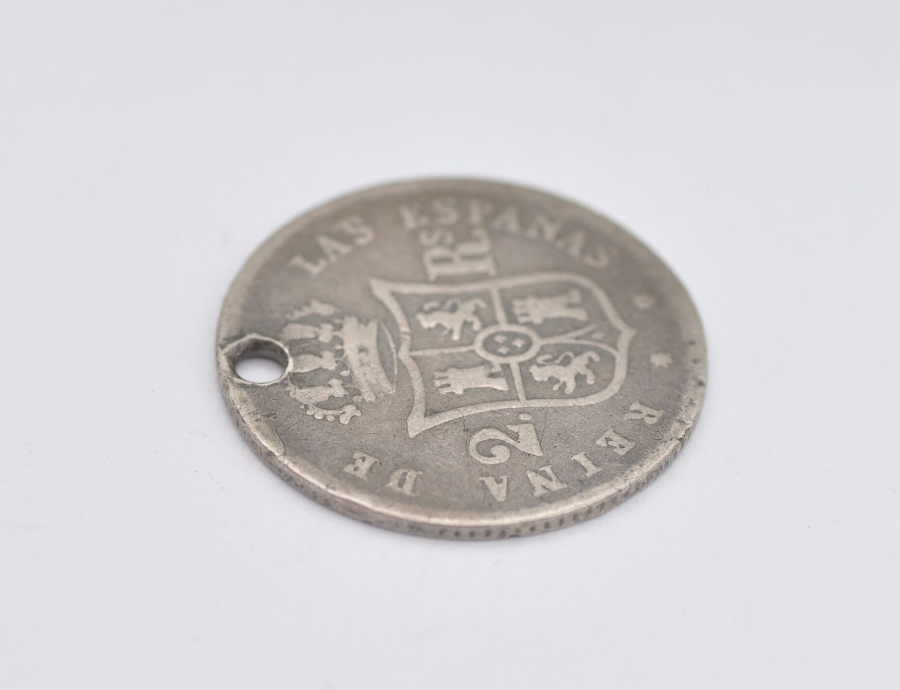 Antique 1853 Silver Isabel II Spain 2 Reales Pierced Coin Pendant