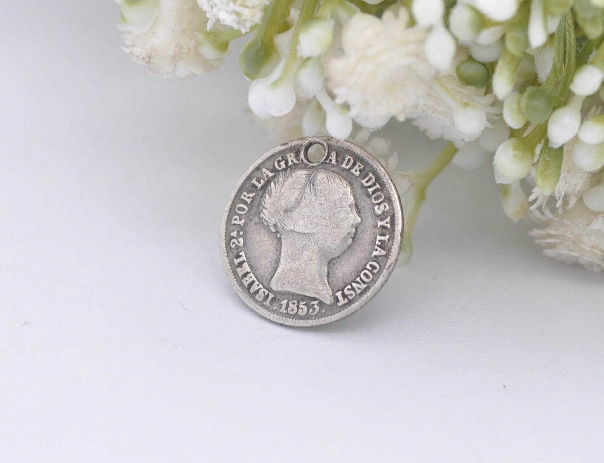 Antique 1853 Silver Isabel II Spain 2 Reales Pierced Coin Pendant