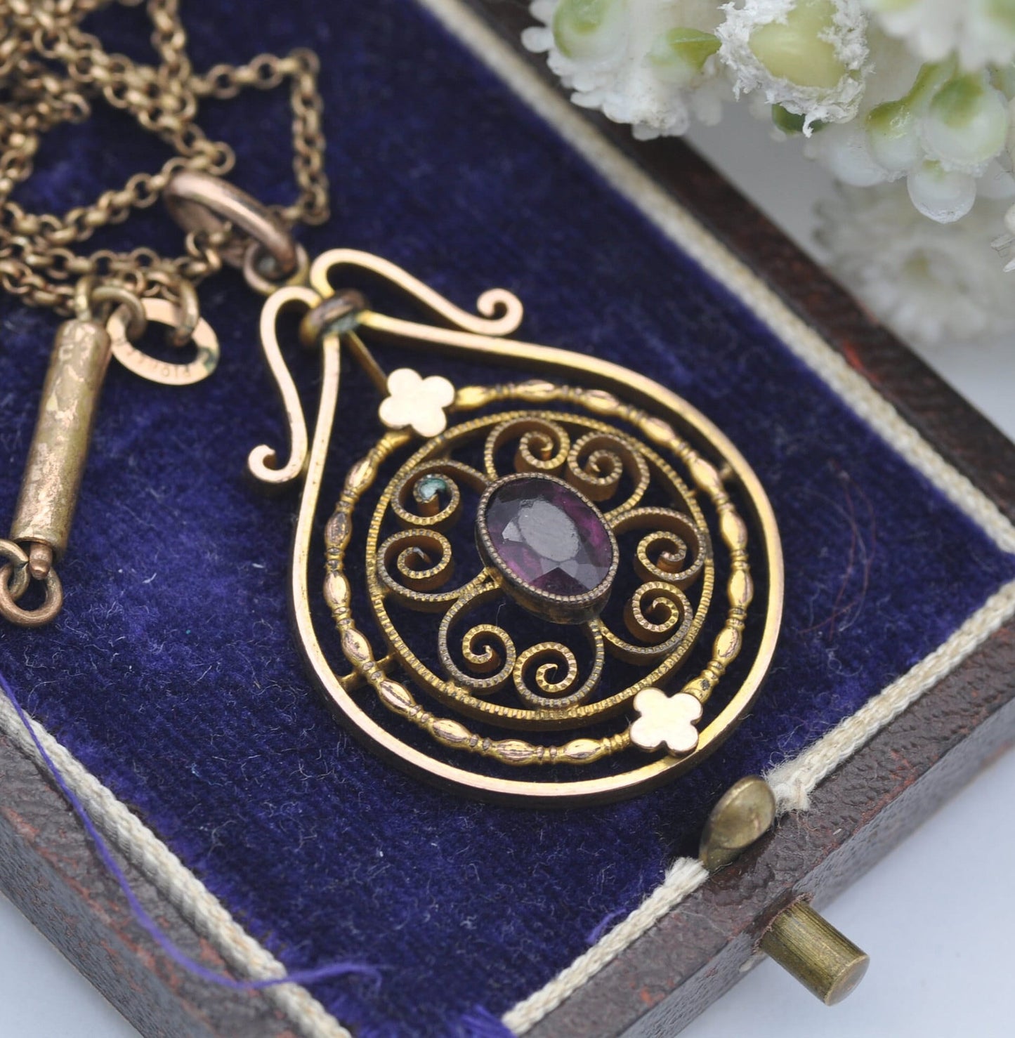 Antique Rolled Gold Amethyst Paste Pendant Necklace on Pioneer Chain