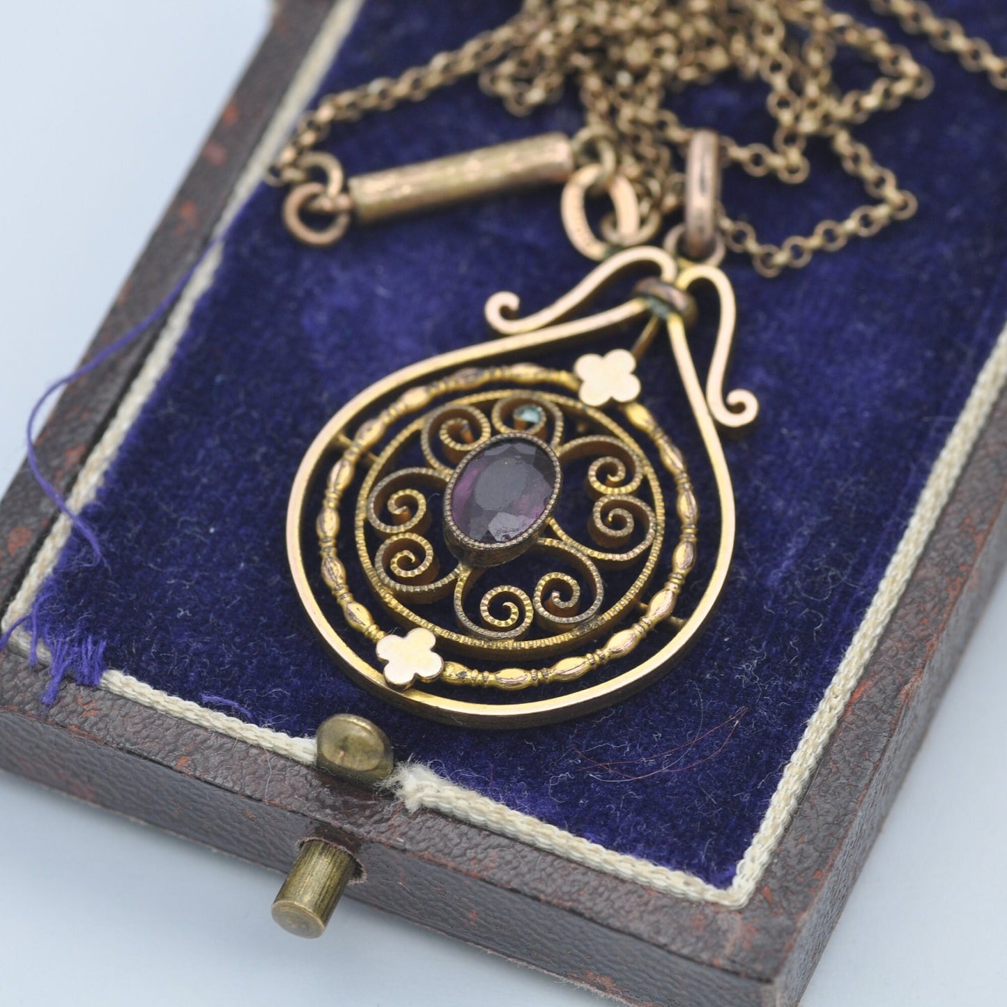 Antique Rolled Gold Amethyst Paste Pendant Necklace on Pioneer Chain