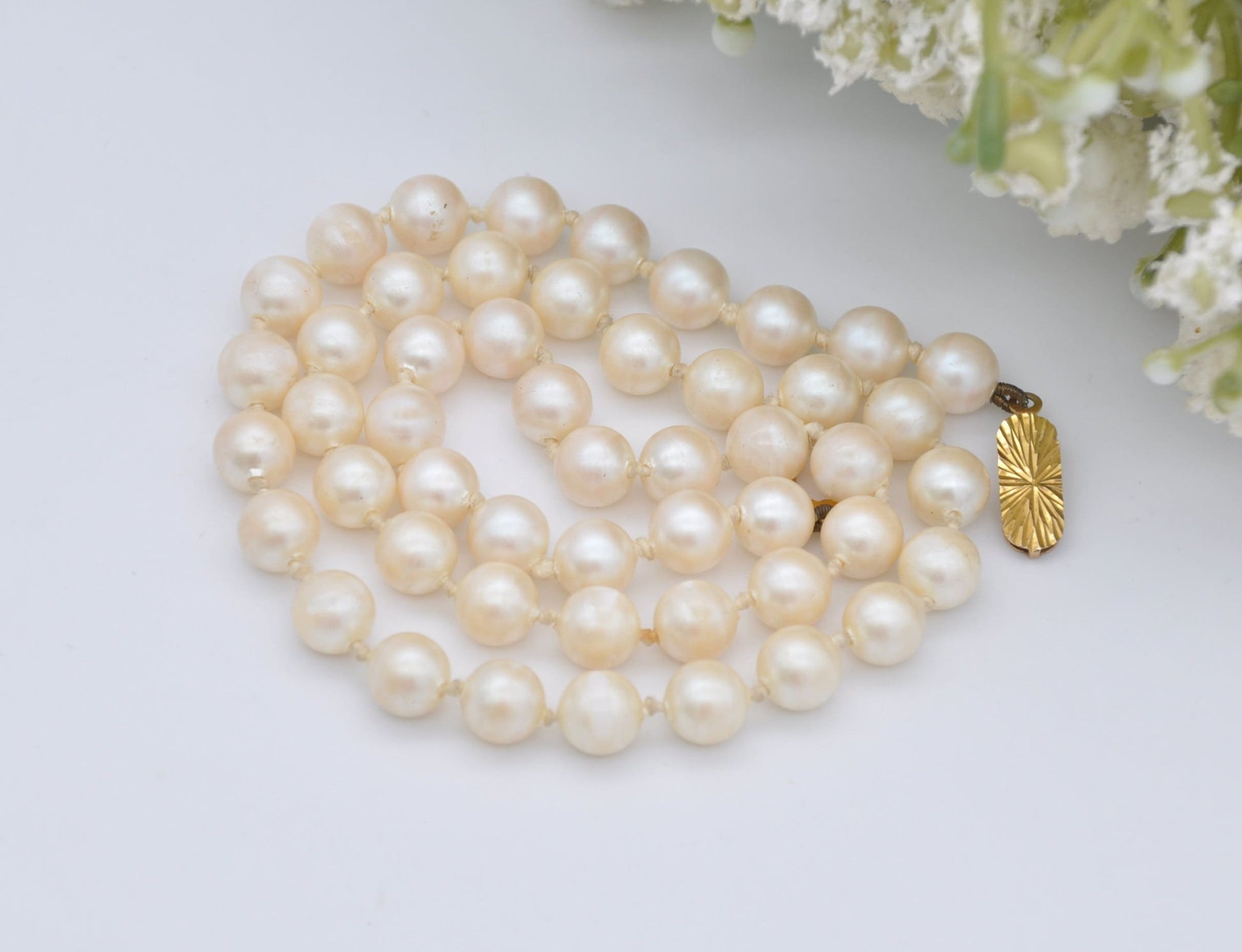 Vintage 9ct Gold Clasp Faux Pearl Necklace - 16" Choker Length Pearls