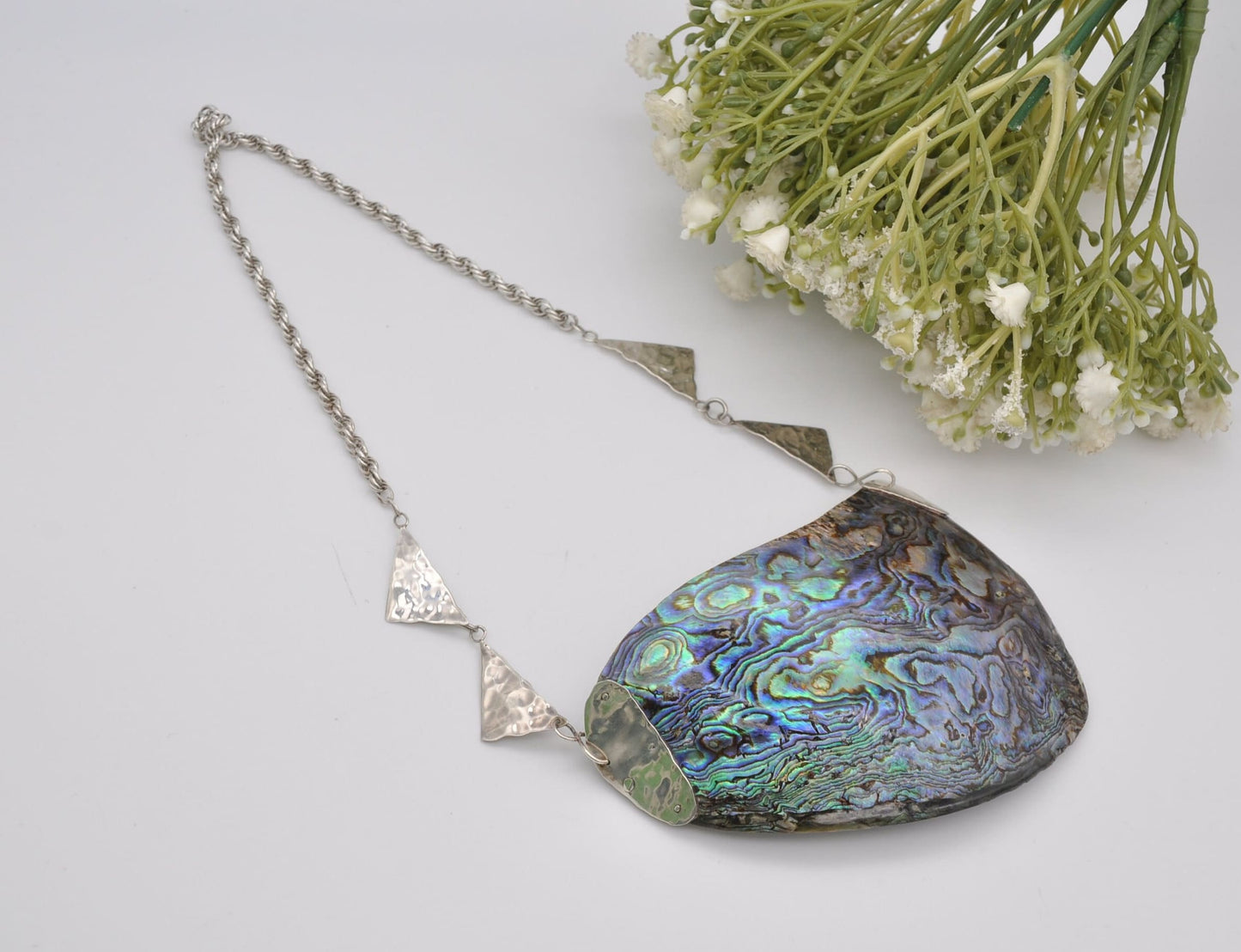 Vintage Sterling Silver Abalone Necklace 1987 - Mid-Century Design | Large Paua Shell