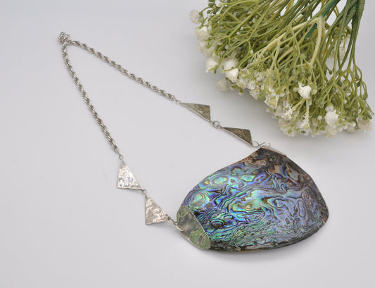 Vintage Sterling Silver Abalone Necklace 1987 - Mid-Century Design | Large Paua Shell