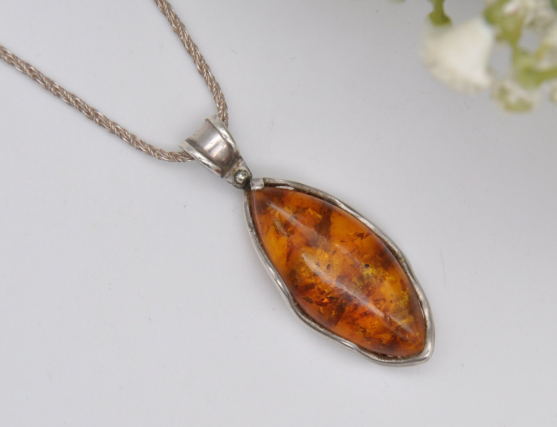 Sterling Silver and Amber Necklace - Baltic Amber Pendant | Marquis Shaped