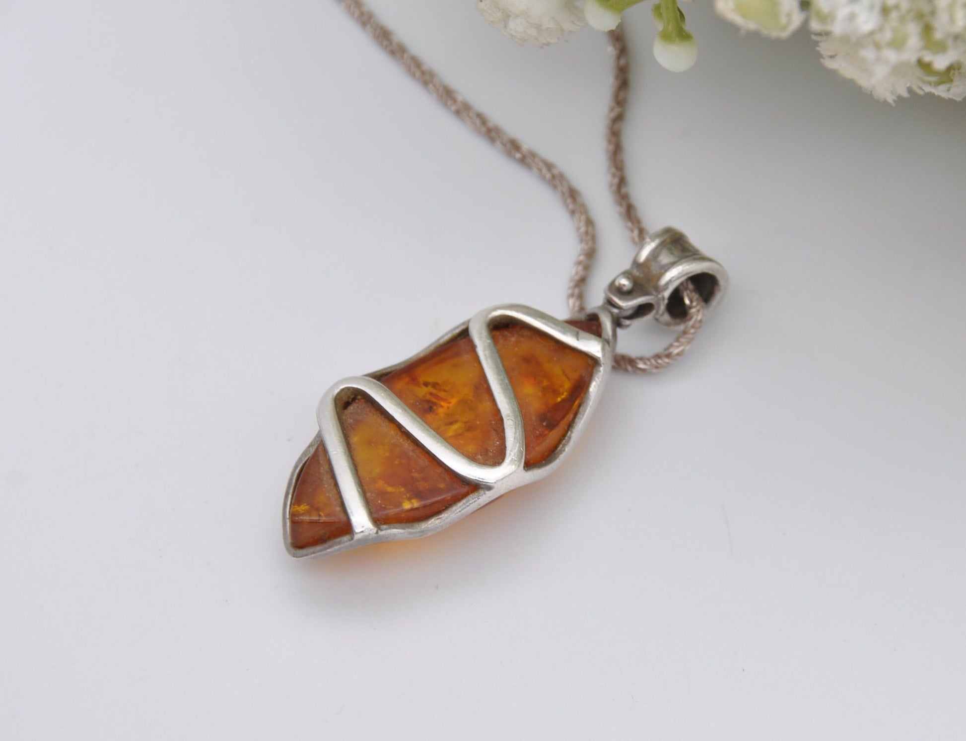 Sterling Silver and Amber Necklace - Baltic Amber Pendant | Marquis Shaped