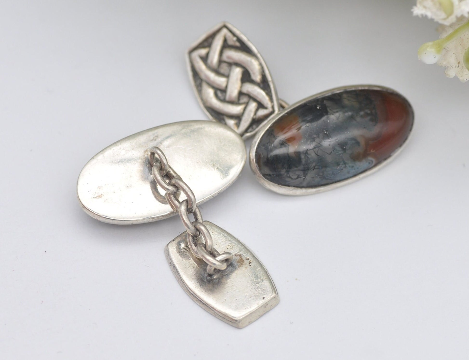 Vintage Celtic Sterling Silver Moss Agate Cuff Links - Celtic Knot Jewellery