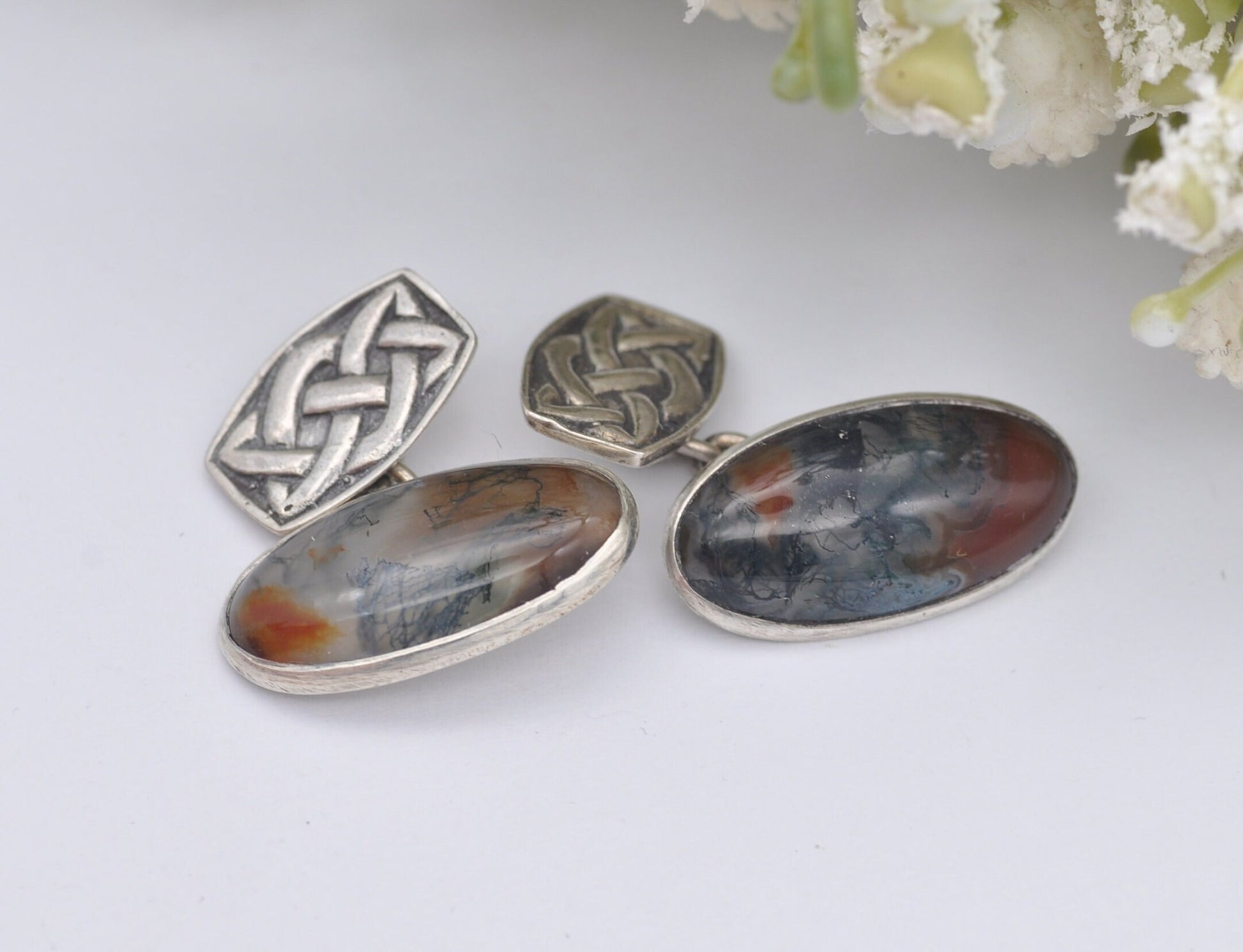 Vintage Celtic Sterling Silver Moss Agate Cuff Links - Celtic Knot Jewellery