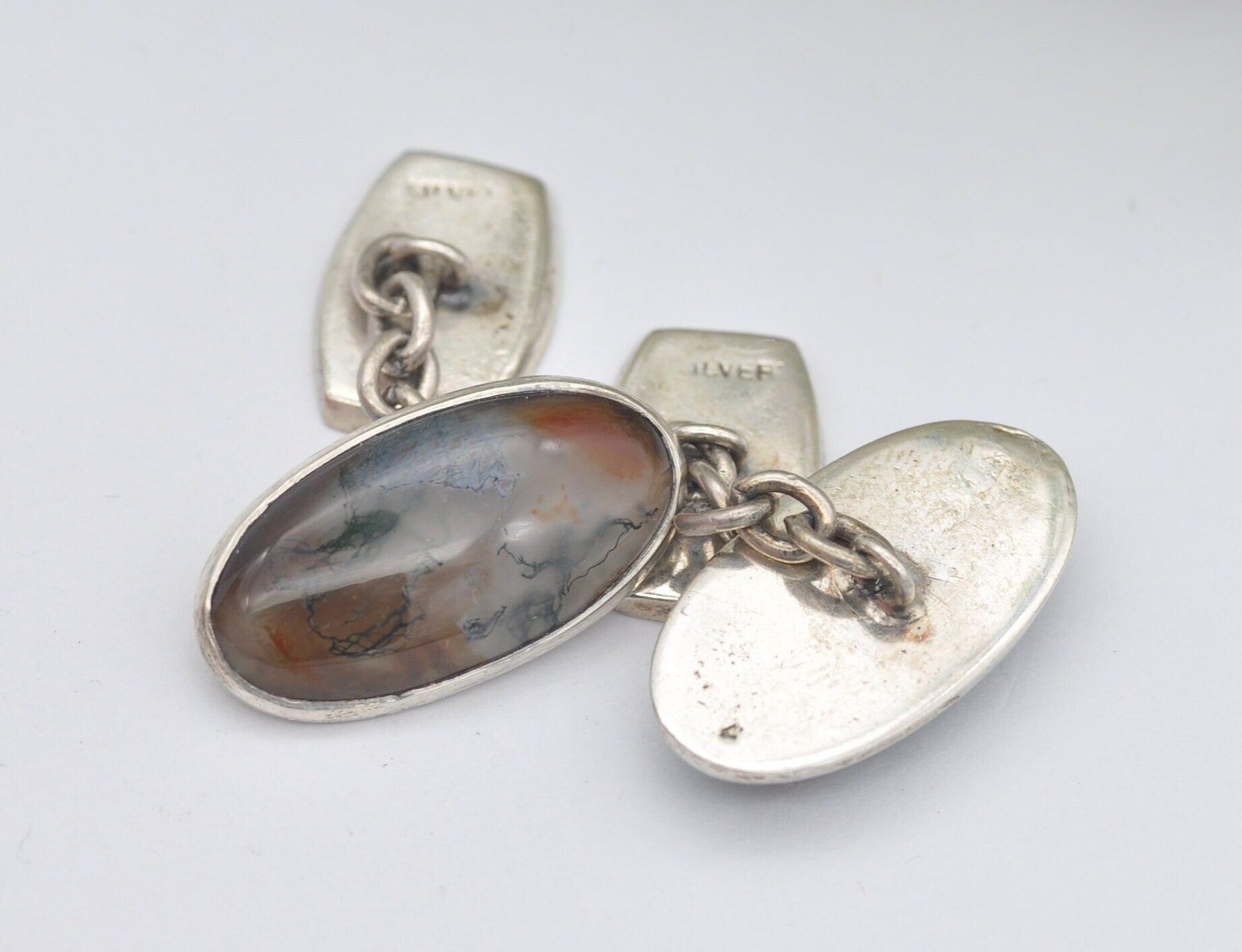 Vintage Celtic Sterling Silver Moss Agate Cuff Links - Celtic Knot Jewellery