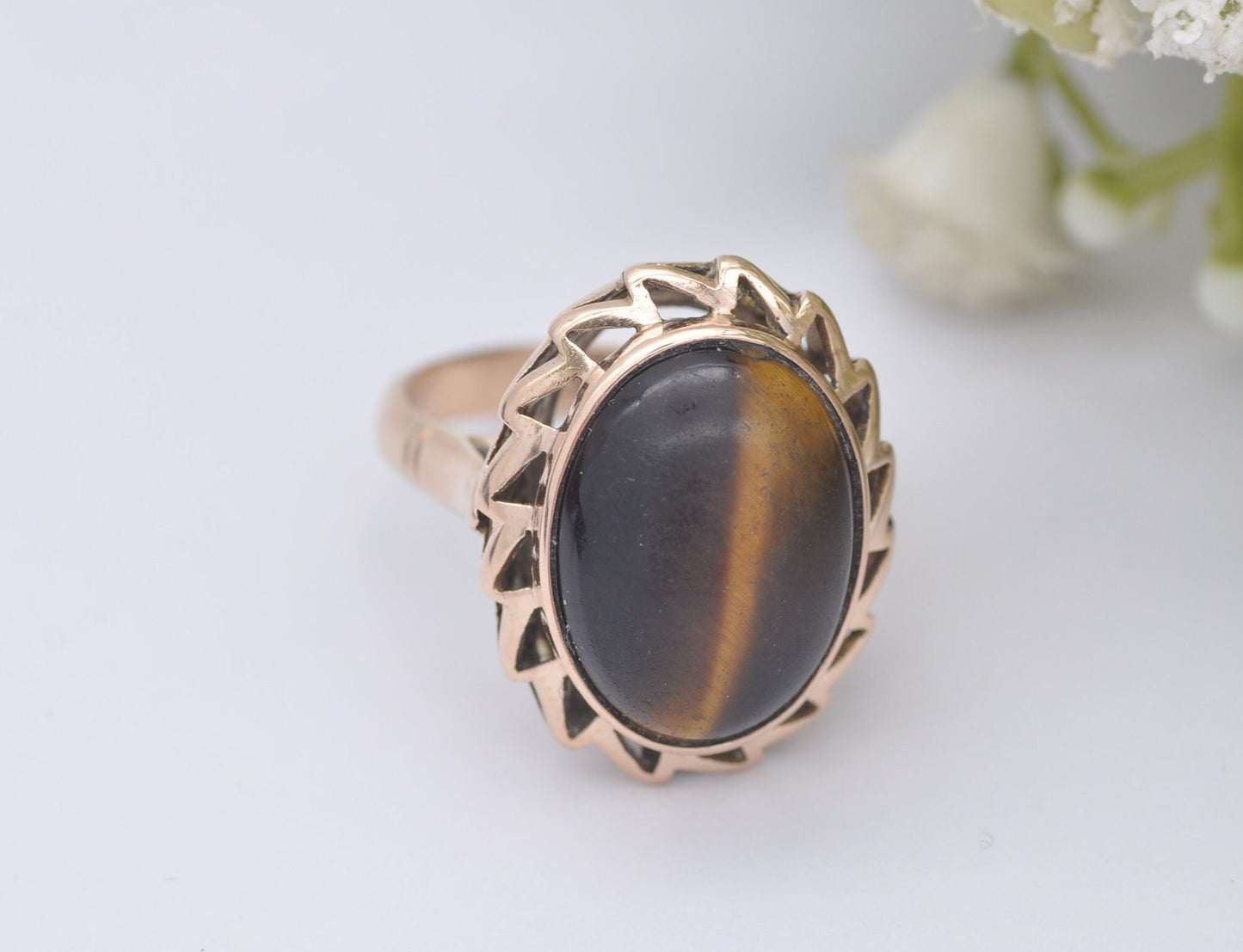 Vintage Mid-Century 14ct Gold Tiger's Eye Statement Ring - UK Size - M / US Size - 6 1/4