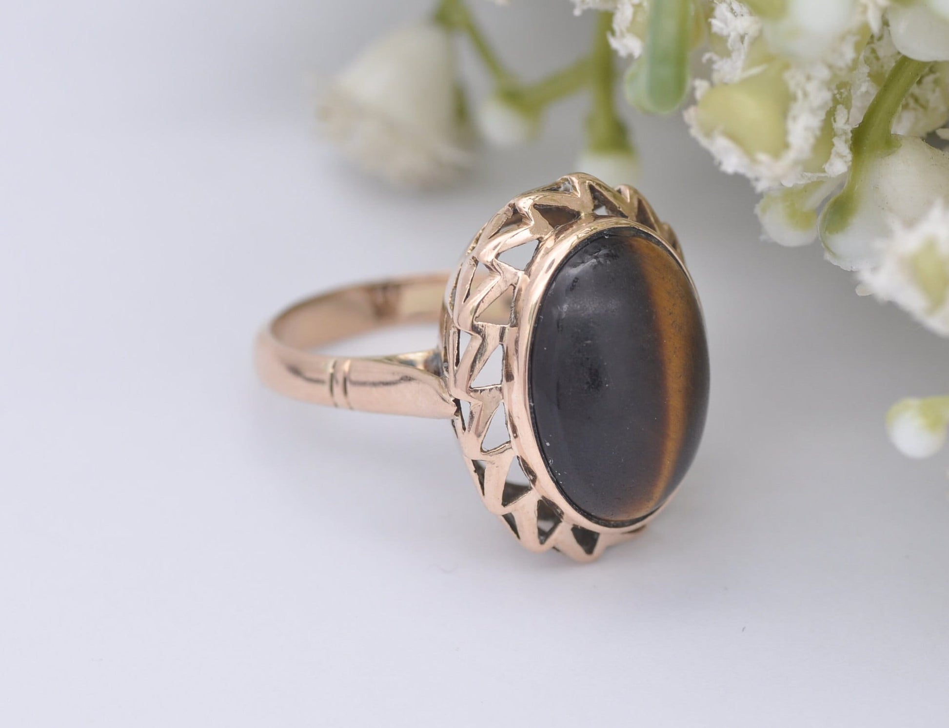 Vintage Mid-Century 14ct Gold Tiger's Eye Statement Ring - UK Size - M / US Size - 6 1/4