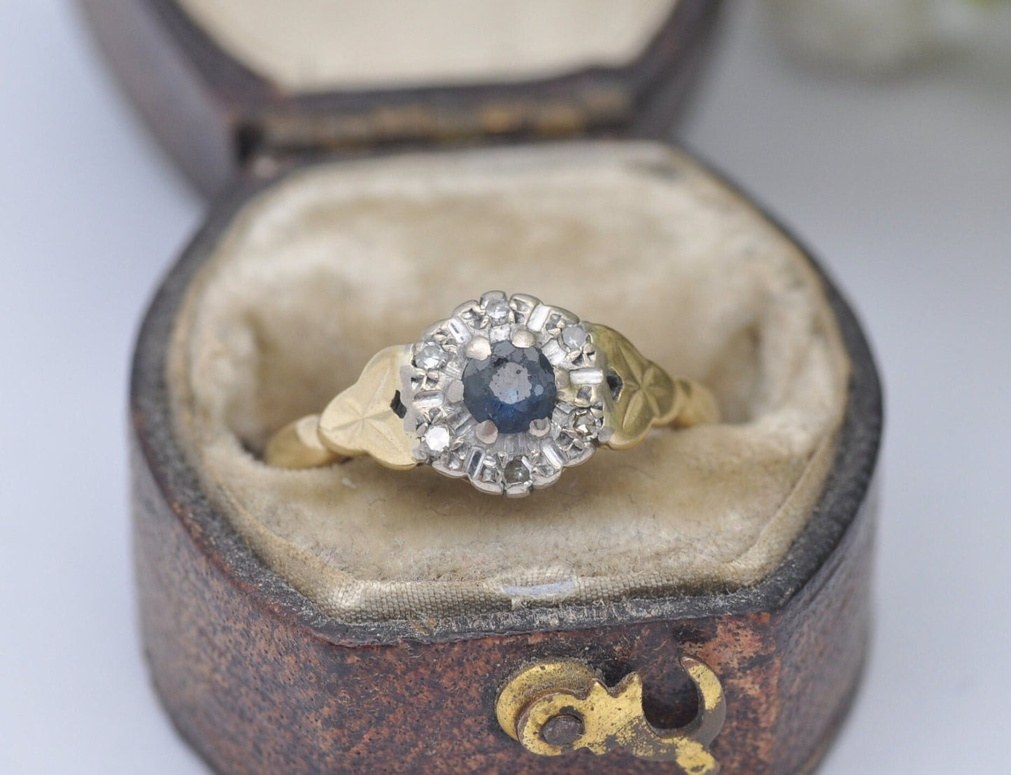 Vintage 18ct Gold Sapphire & Diamond Halo Ring 1967