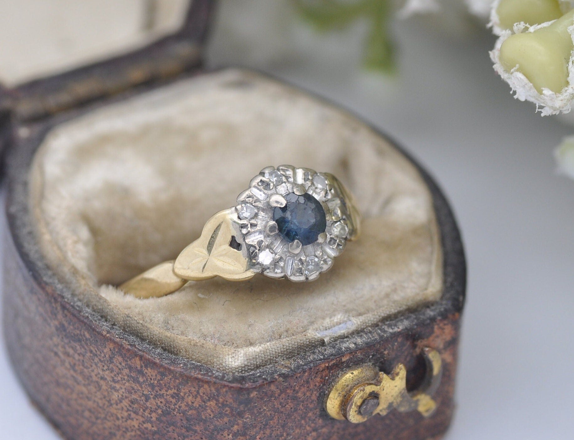 Vintage 18ct Gold Sapphire & Diamond Halo Ring 1967