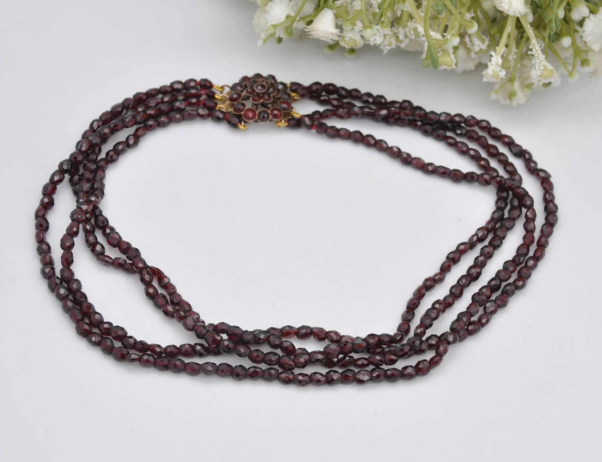 Antique Victorian Bohemian Garnet Necklace with Flower Clasp