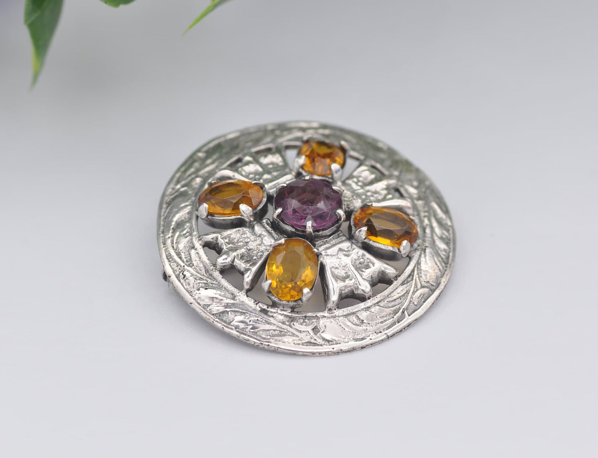 Antique Scottish Sterling Silver Amethyst & Citrine Paste Brooch