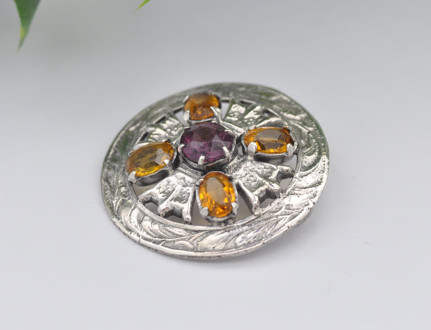 Antique Scottish Sterling Silver Amethyst & Citrine Paste Brooch