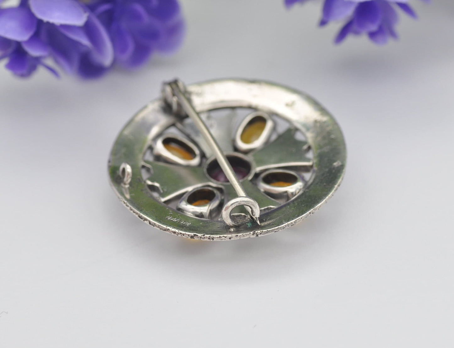 Antique Scottish Sterling Silver Amethyst & Citrine Paste Brooch