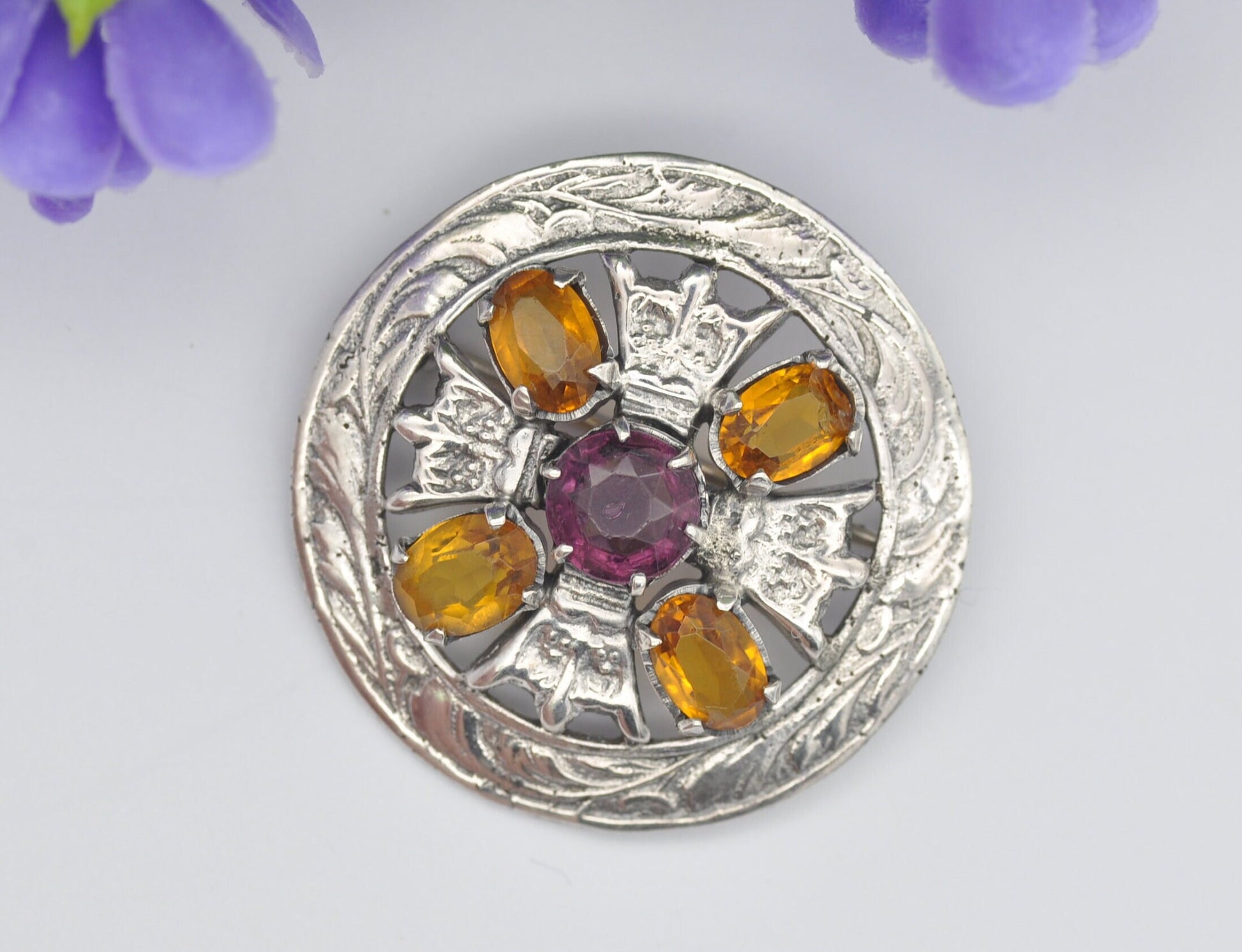 Antique Scottish Sterling Silver Amethyst & Citrine Paste Brooch