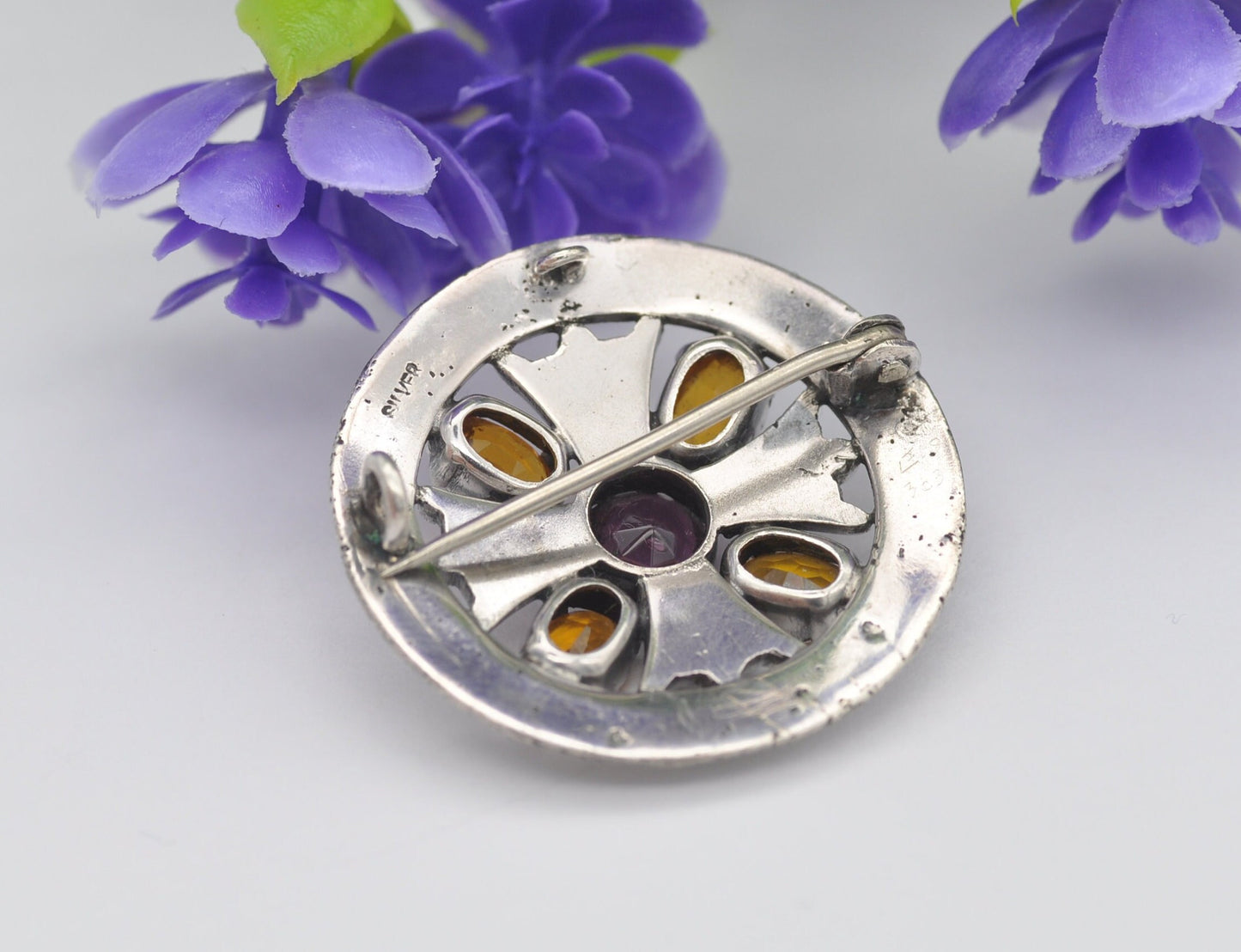 Antique Scottish Sterling Silver Amethyst & Citrine Paste Brooch