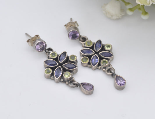 Vintage Sterling Silver Multi-Gemstone Dangle Earrings - Iolite Peridot Amethyst | Flower Design