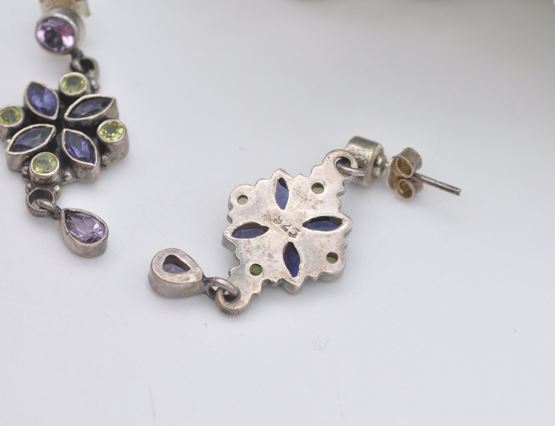 Vintage Sterling Silver Multi-Gemstone Dangle Earrings - Iolite Peridot Amethyst | Flower Design