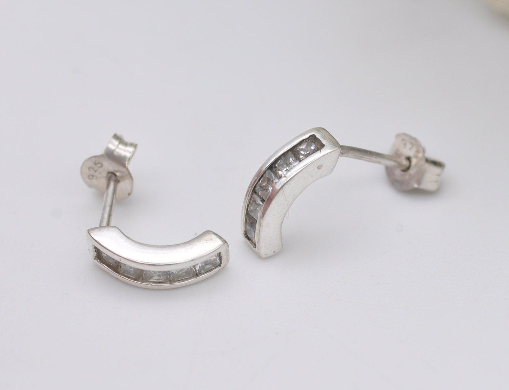 Sterling Silver C Hoop Stud Earrings with White Stones