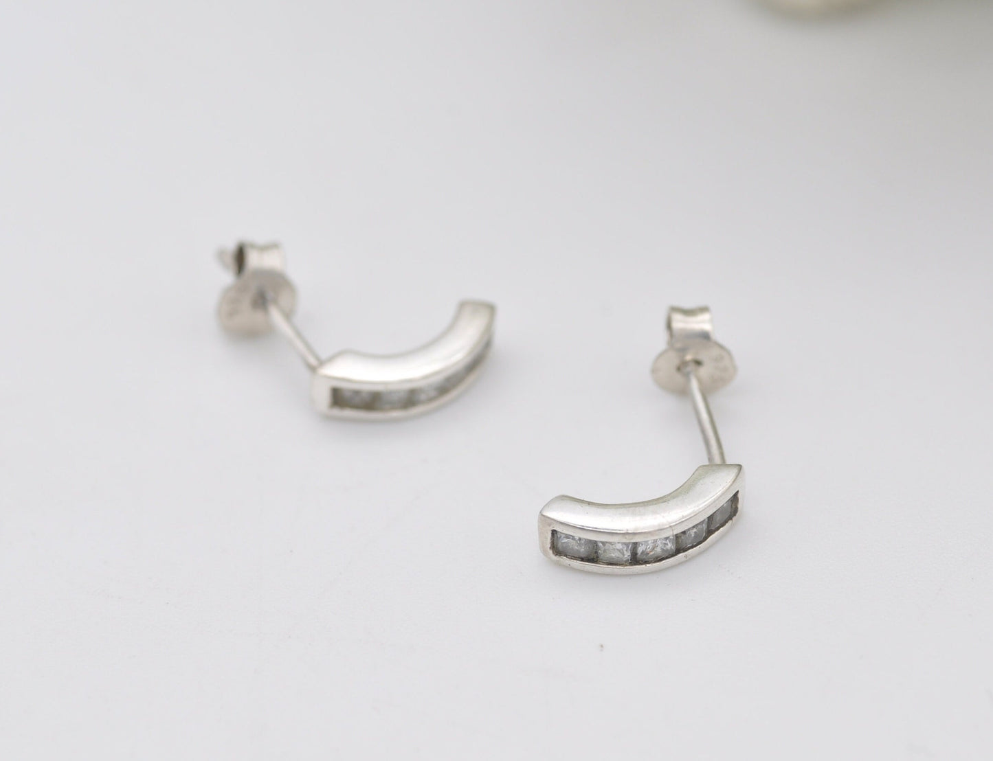 Sterling Silver C Hoop Stud Earrings with White Stones