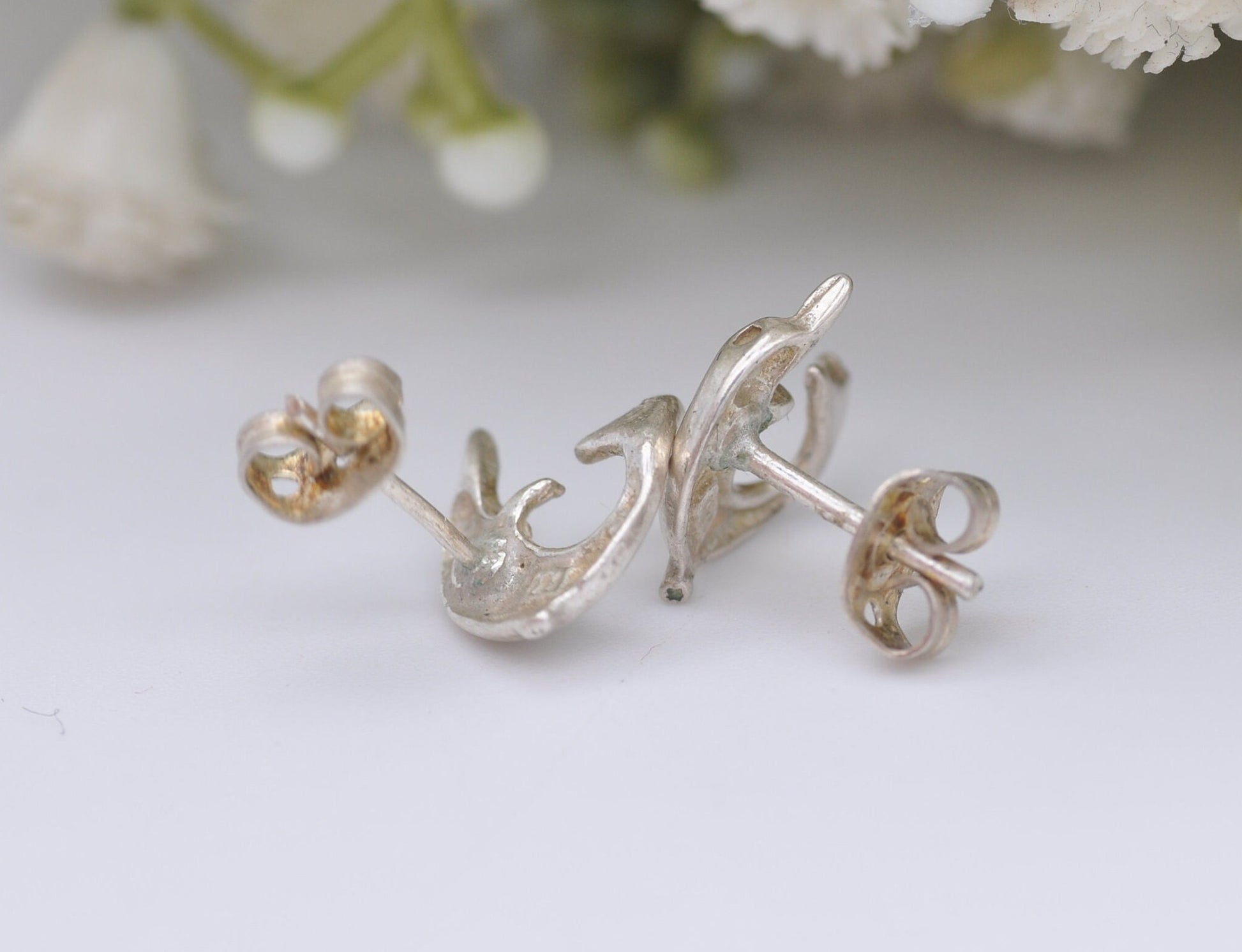 Vintage Sterling Silver Dolphin Stud Earrings