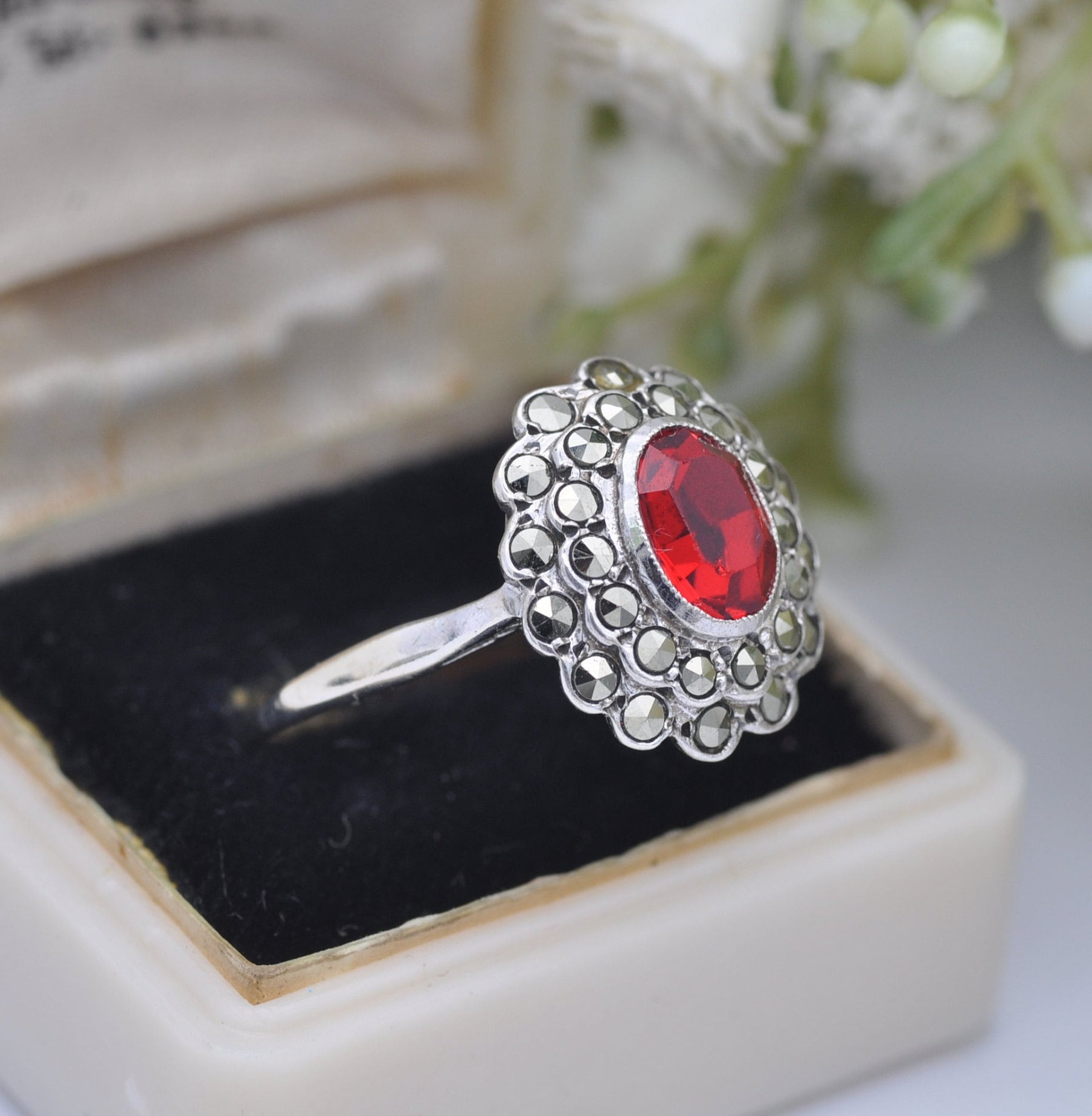 Vintage 9ct Gold Sterling Silver Red Paste Marcasite Floral Cluster Ring