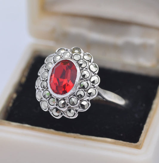 Vintage 9ct Gold Sterling Silver Red Paste Marcasite Floral Cluster Ring