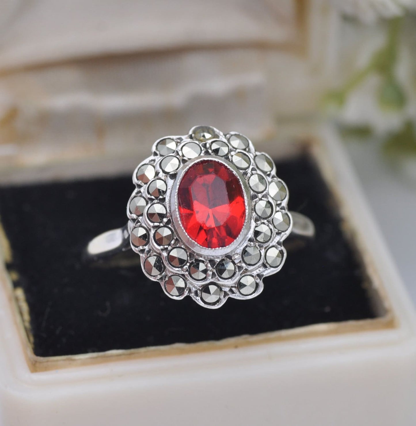 Vintage 9ct Gold Sterling Silver Red Paste Marcasite Floral Cluster Ring