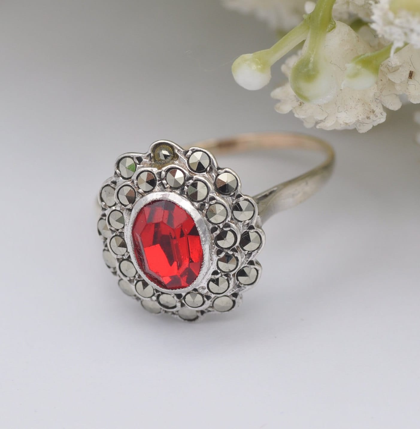 Vintage 9ct Gold Sterling Silver Red Paste Marcasite Floral Cluster Ring