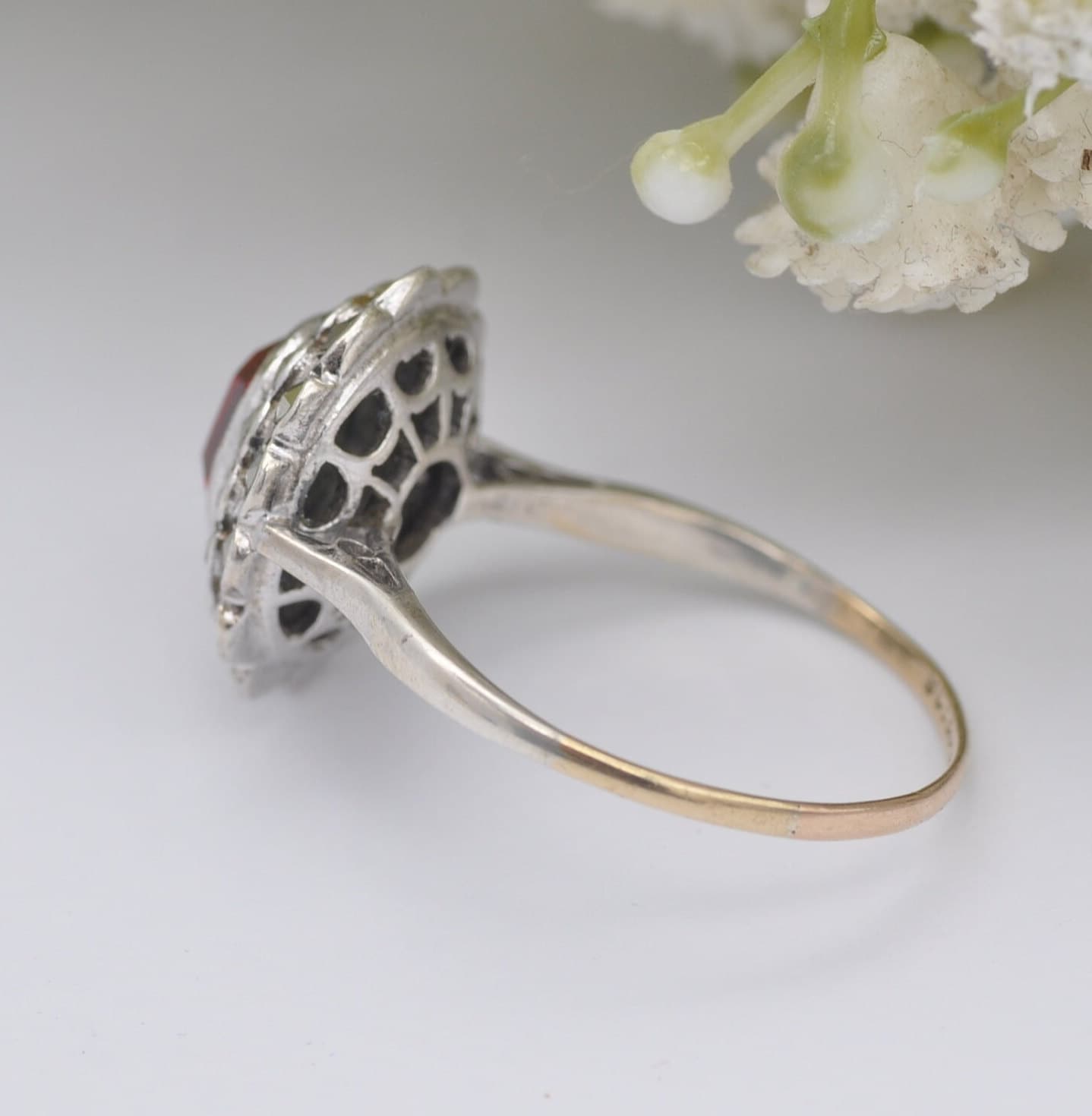 Vintage 9ct Gold Sterling Silver Red Paste Marcasite Floral Cluster Ring