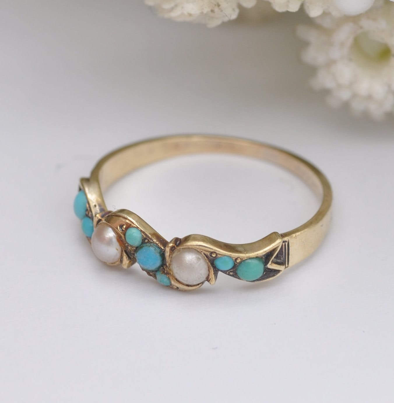 Antique 9ct Gold Turquoise and Pearl Ring