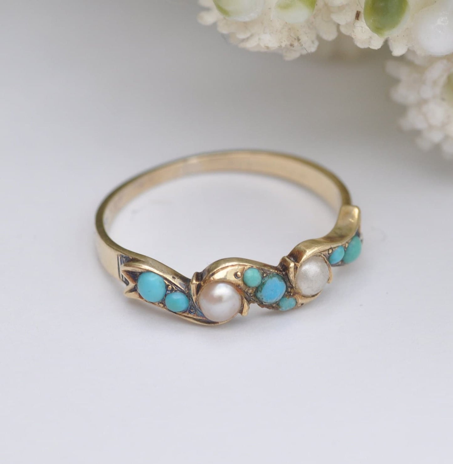 Antique 9ct Gold Turquoise and Pearl Ring