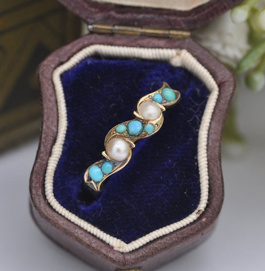 Antique 9ct Gold Turquoise and Pearl Ring