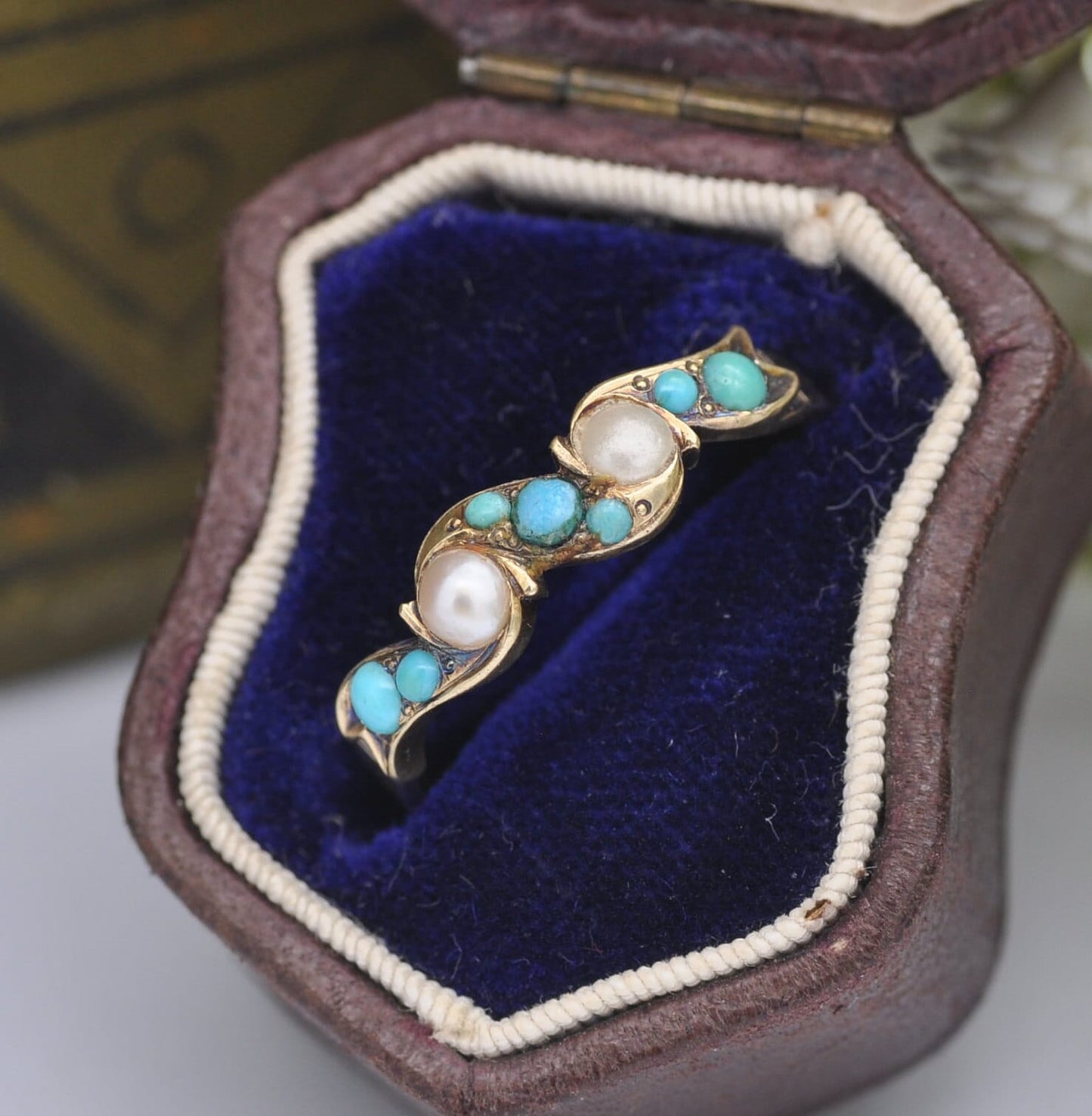 Antique 9ct Gold Turquoise and Pearl Ring