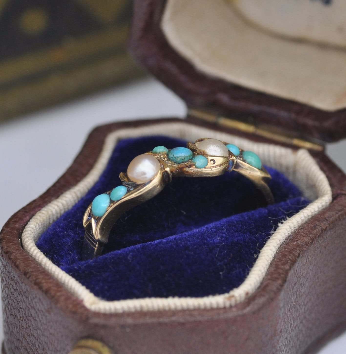 Antique 9ct Gold Turquoise and Pearl Ring