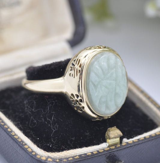 Chinese 14ct Gold Carved Jade Ring