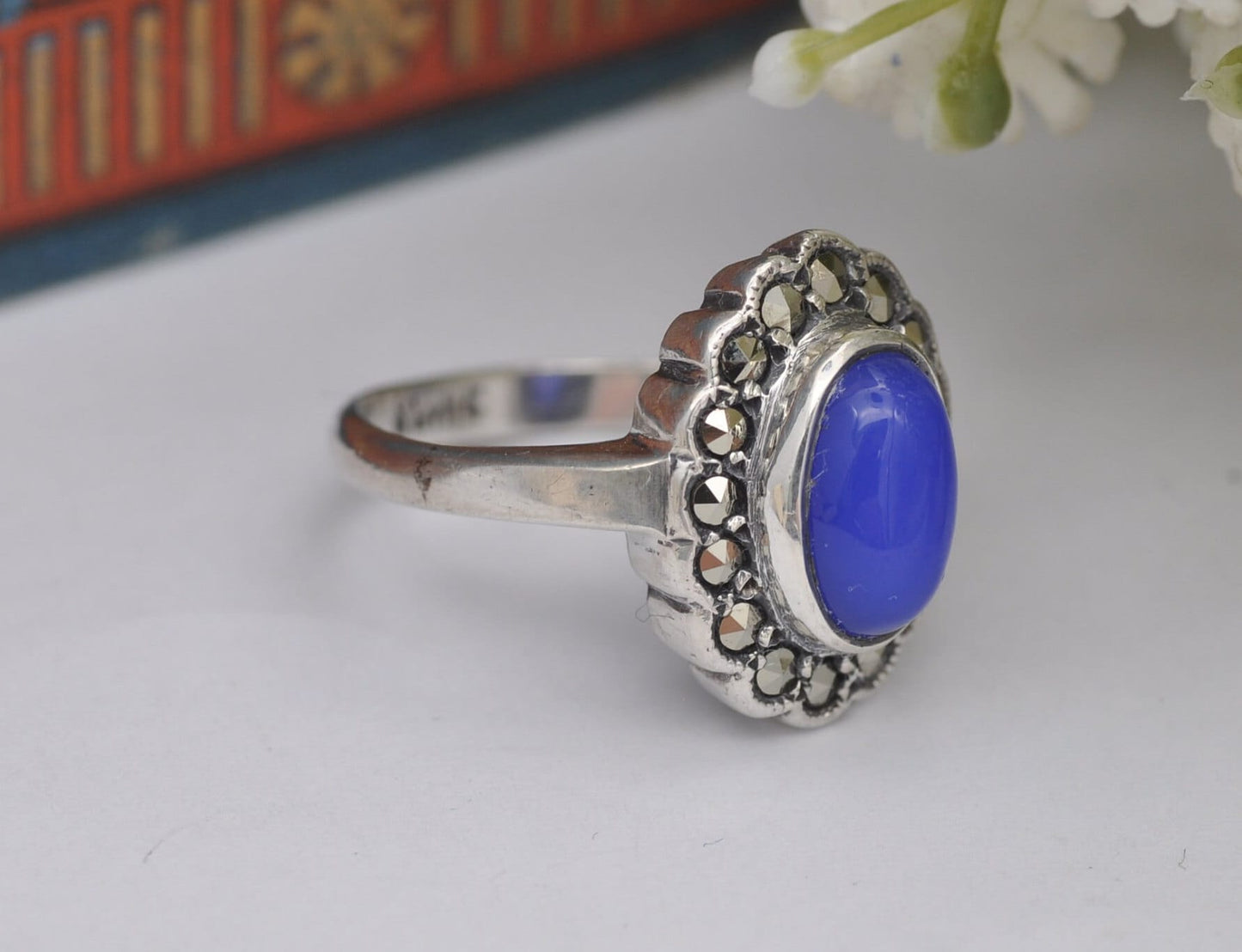 Vintage Sterling Silver Chalcedony Marcasite Ring