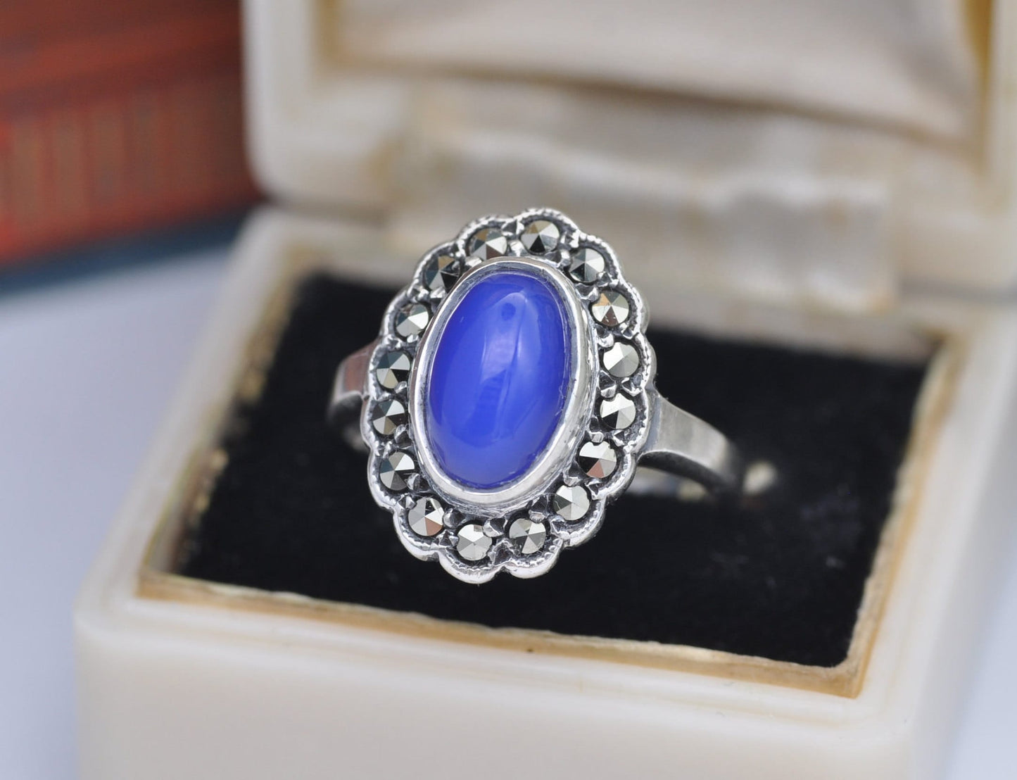 Vintage Sterling Silver Chalcedony Marcasite Ring