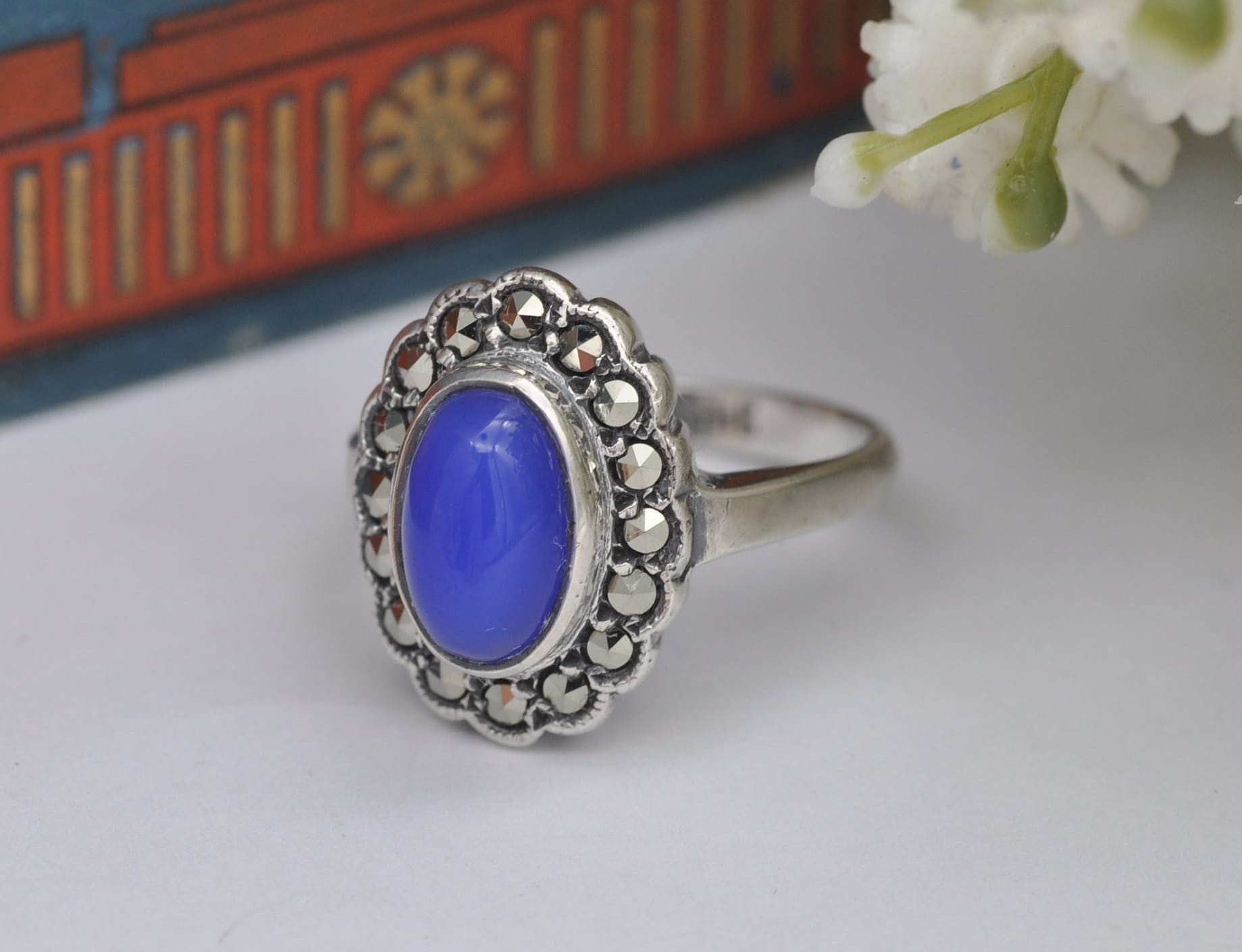 Vintage Sterling Silver Chalcedony Marcasite Ring