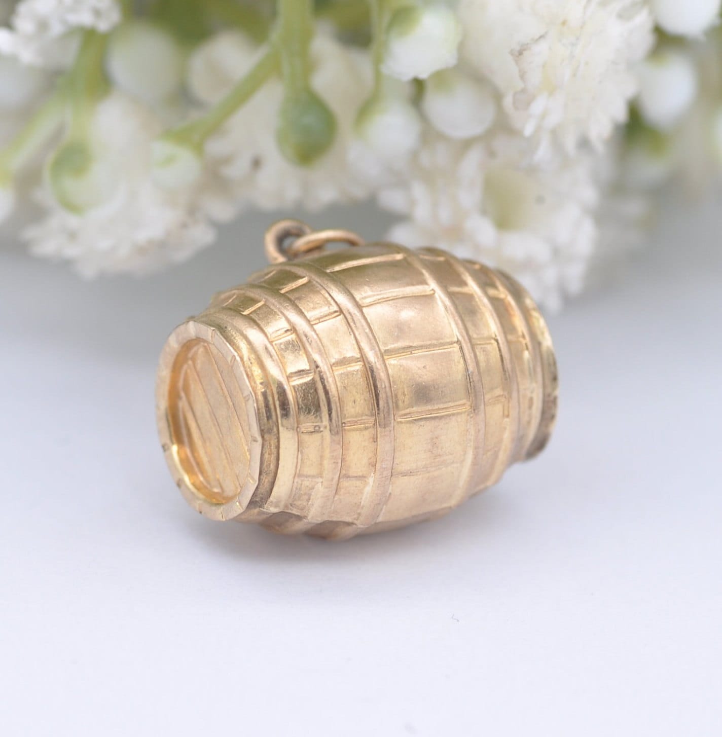 Vintage 9ct Gold Whiskey Barrel Charm Pendant by Fred Manshaw 1973