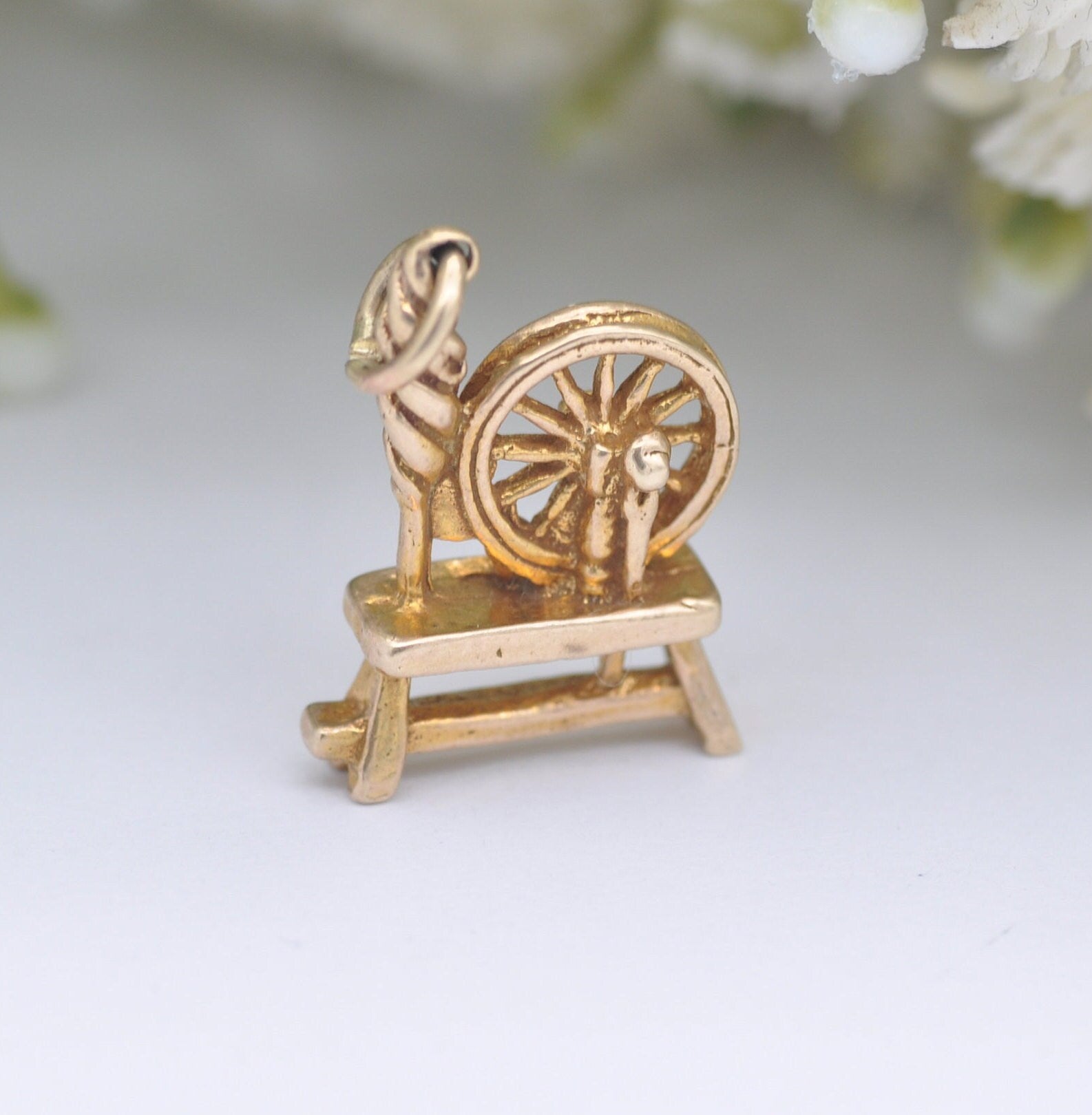 Vintage 9ct Gold Spinning Wheel Charm Pendant by W J Sutton 1968