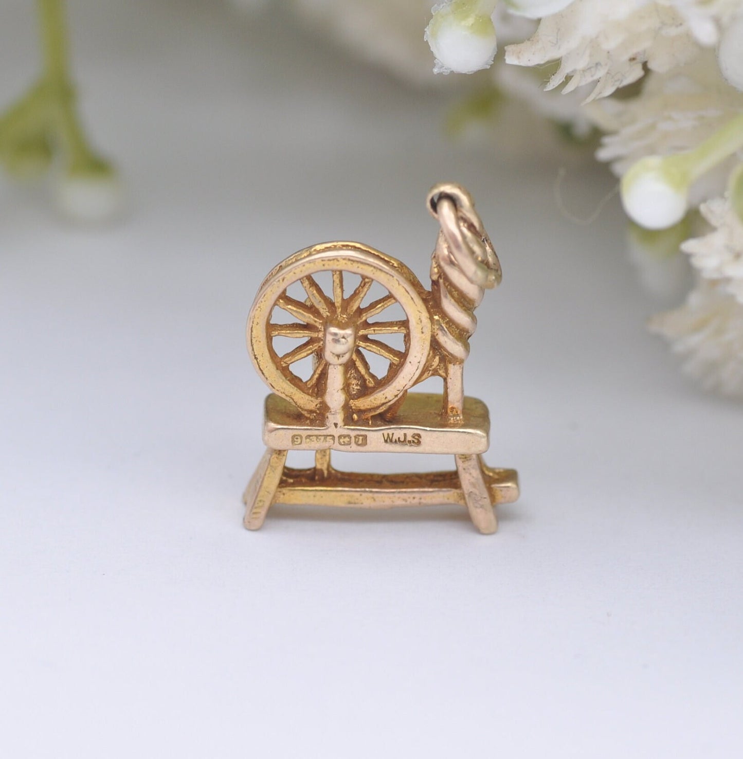 Vintage 9ct Gold Spinning Wheel Charm Pendant by W J Sutton 1968